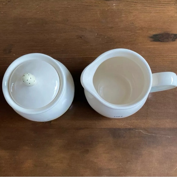 Rae Dunn Ceramic Yellow and Blue Polka Dot Scoop. Pour. Sugar and Creamer Set - Picture 3 of 6